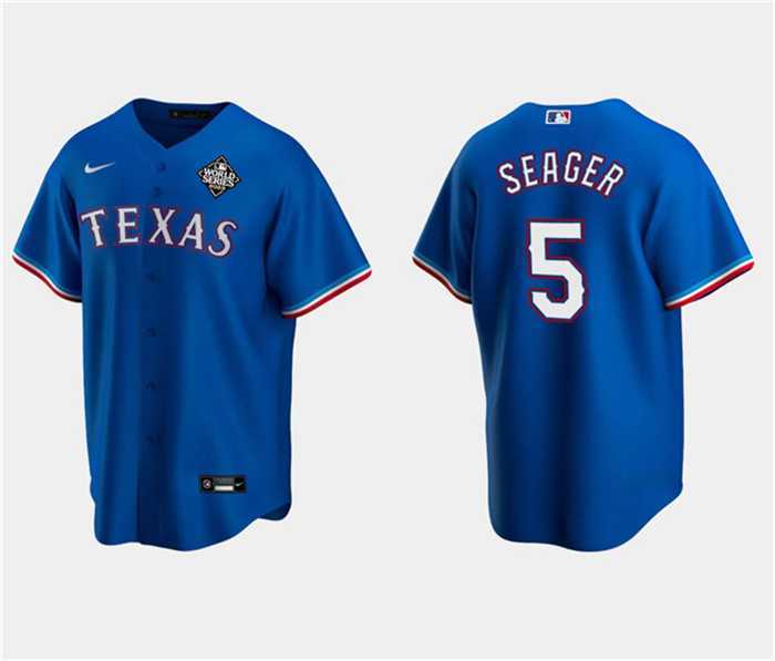 Men%27s Texas Rangers #5 Corey Seager Royal 2023 World Series Stitched Baseball Jersey Dzhi